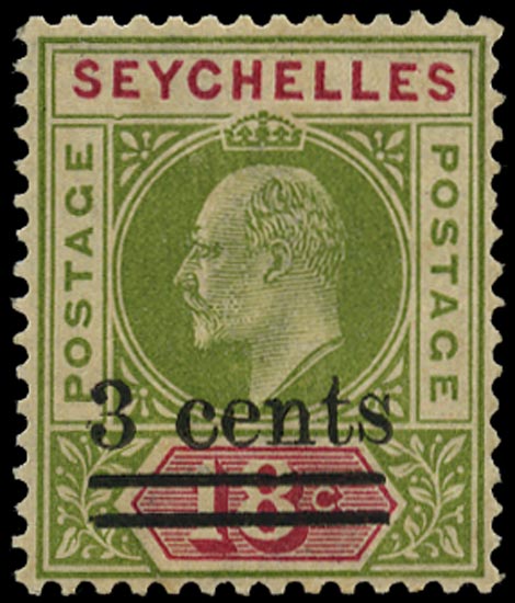 SEYCHELLES 1903  SG58a Mint KEVII 3c on 18c sage-green and carmine variety Dented frame