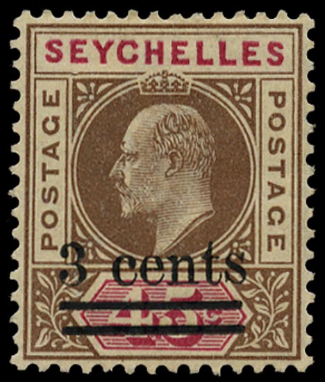 SEYCHELLES 1903  SG59a Mint KEVII 3c on 45c brown and carmine variety Dented frame