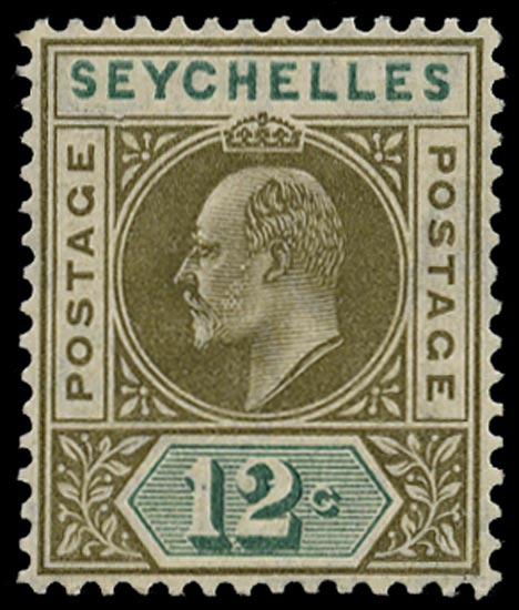 SEYCHELLES 1906  SG63a Mint KEVII 12c watermark MCA variety Dented frame