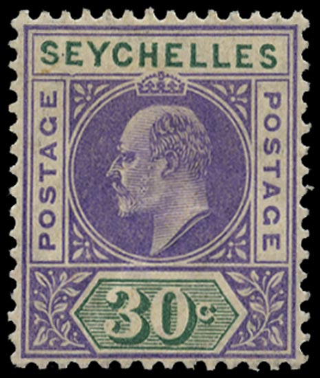 SEYCHELLES 1906  SG66a Mint KEVII 30c watermark MCA variety Dented frame