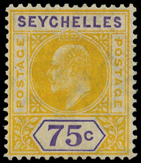 SEYCHELLES 1906  SG68a Mint KEVII 75c watermark MCA variety Dented frame