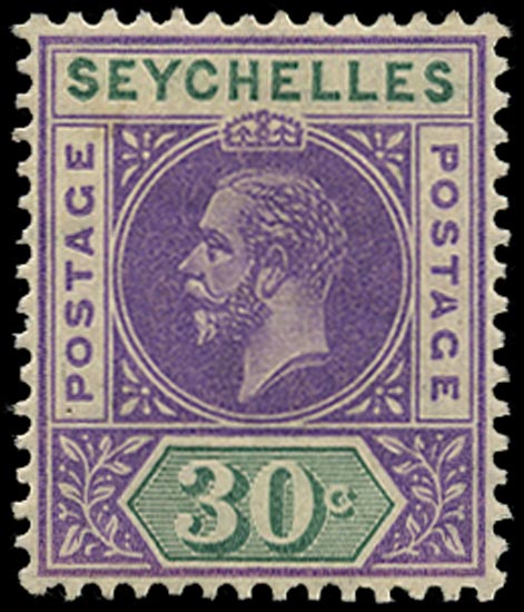 SEYCHELLES 1912  SG77a Mint KGV 30c watermark MCA variety Split A