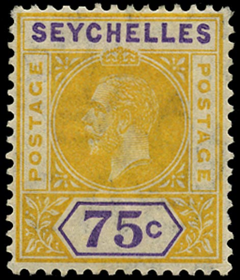 SEYCHELLES 1912  SG79a Mint KGV 75c watermark MCA variety Split A