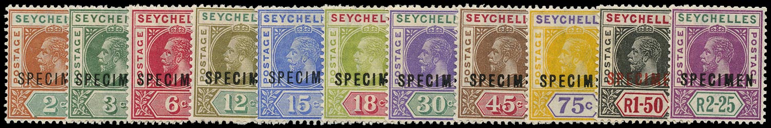 SEYCHELLES 1912  SG71s/81s Specimen KGV set of 11 to 2r25 watermark MCA