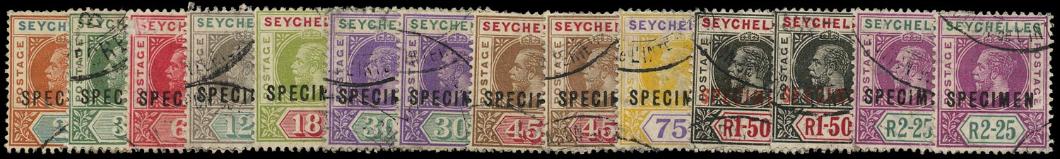 SEYCHELLES 1912  SG71s/81s Specimen KGV part set to 2r25s ex Gabon UPU archive