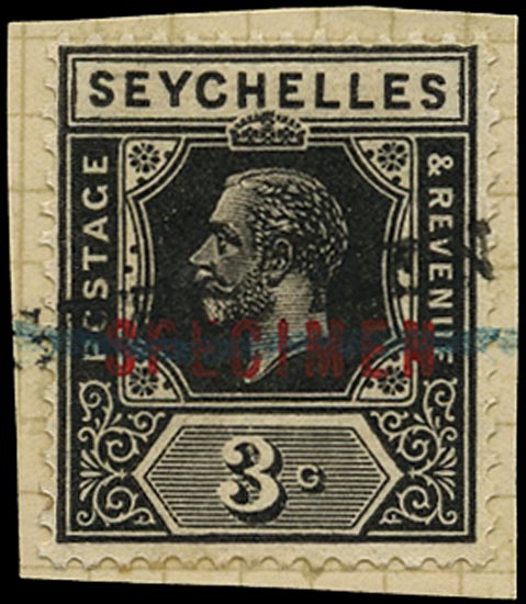 SEYCHELLES 1921  SG100s var Specimen KGV 3c black Script watermark ex Bechuanaland post office archive