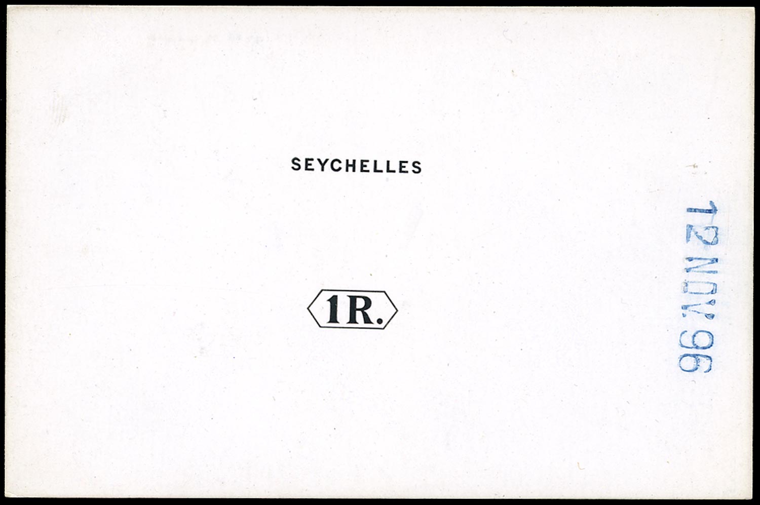 SEYCHELLES 1896  SG34 Proof of new 1r duty in black on glazed card