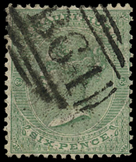SEYCHELLES 1863  SGZ23 Cancel Mauritius 6d blue-green watermark CC with B64