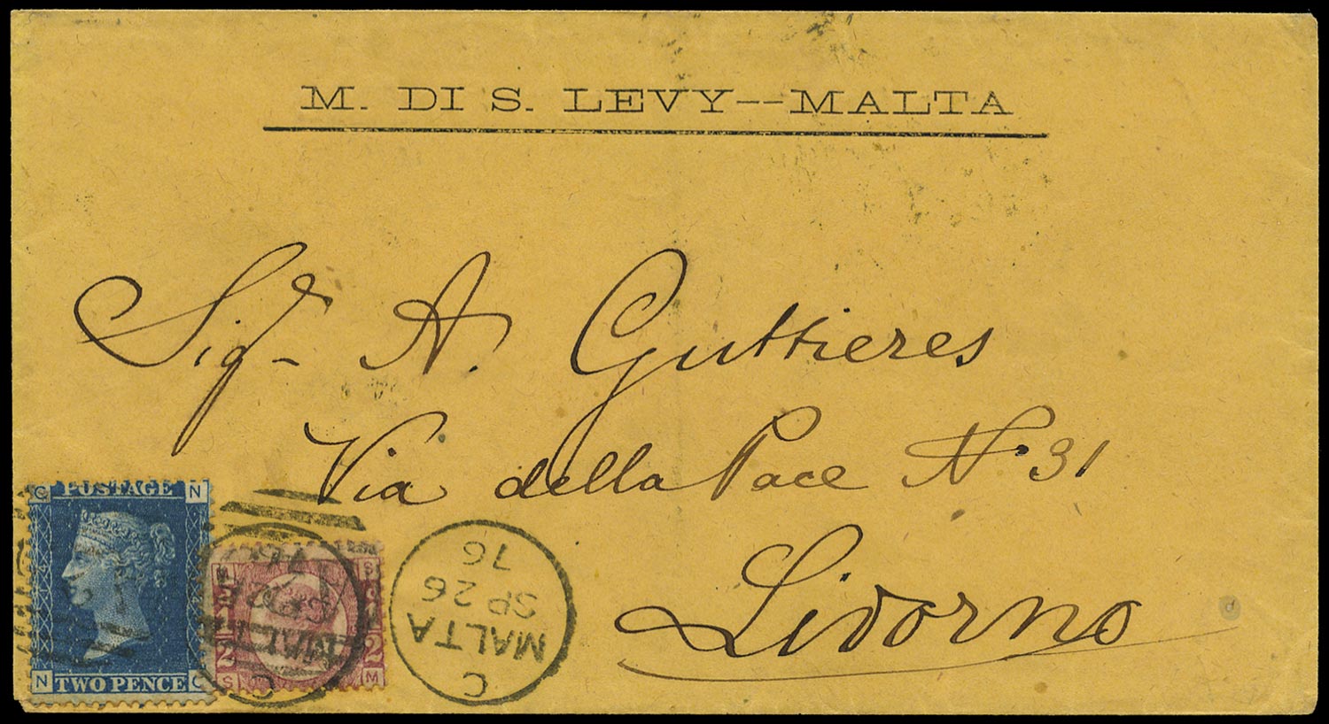 MALTA 1876  SGZ23, 34 Cover to Livorno with GB &frac12;d and 2d