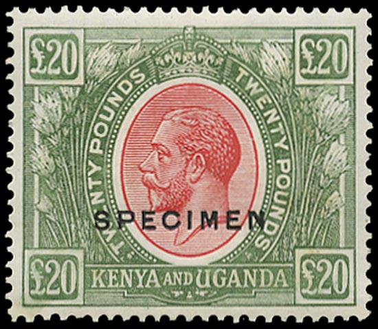 KUT 1922  SG101s Specimen £20 red and green