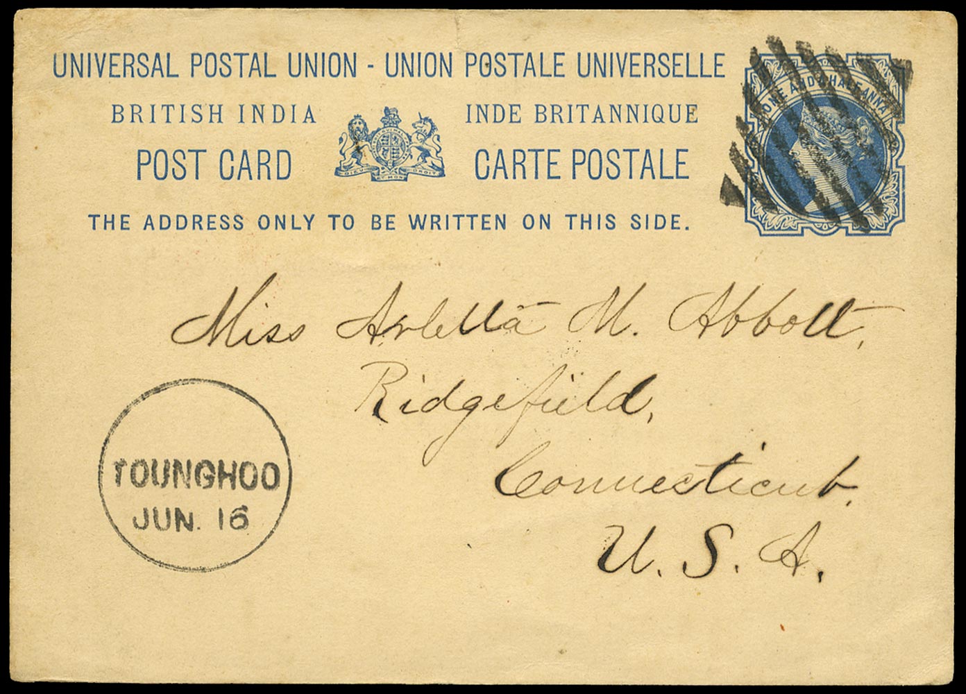 BURMA 1881  SG. Cover 1&frac12;a blue postal stationery post card from Toungoo to USA