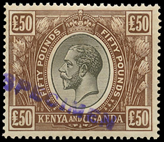 KUT 1922  SG103 Specimen KGV £50 black and brown with local handstamp unmounted mint