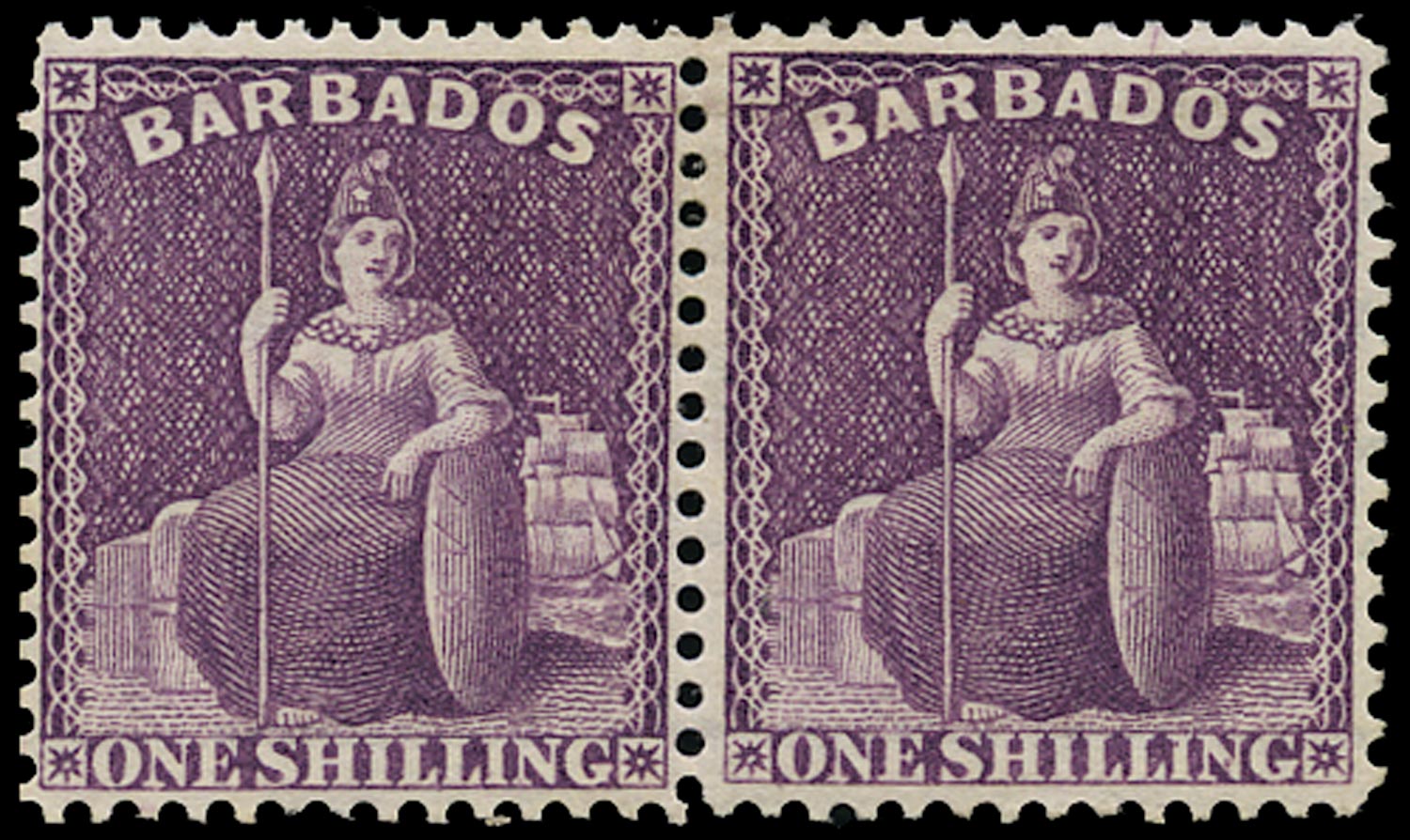 BARBADOS 1875  SG81w Mint QV 1s purple watermark CC sideways Crown to right perf 14