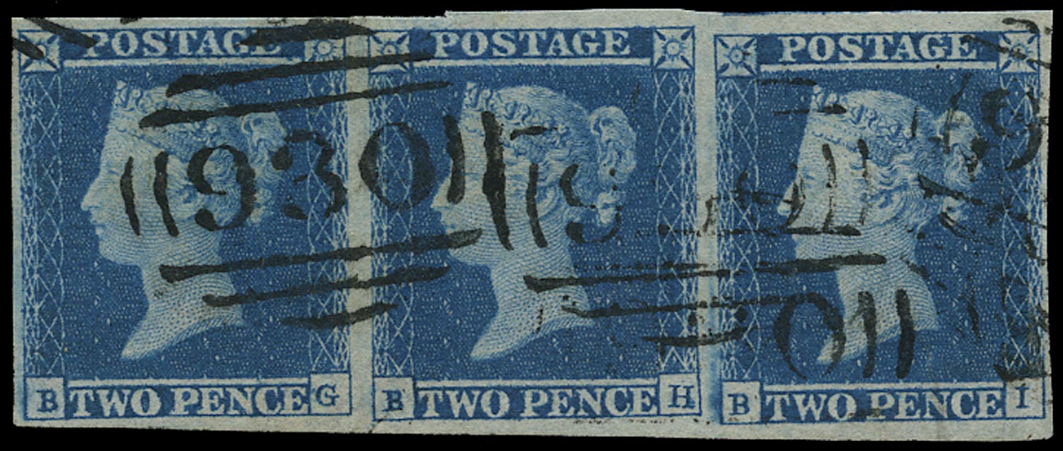 GB 1841  SG14 Pl.4 Used vfu strip of three, Spectacles variety (BG-BI)