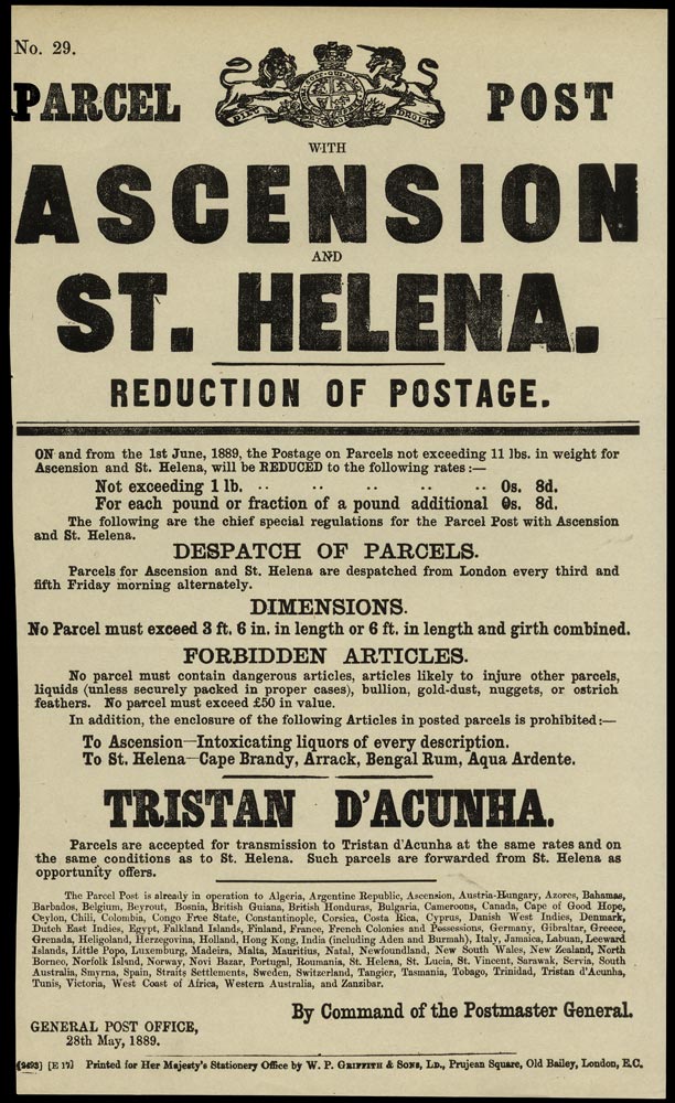 ST HELENA 1889 Postal Stationery G.P.O. postal notice number 29 parcel post to Ascension and St Helena