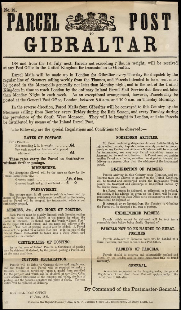 GIBRALTAR 1885 Postal Stationery G.P.O. postal notice number 21 new parcel post service