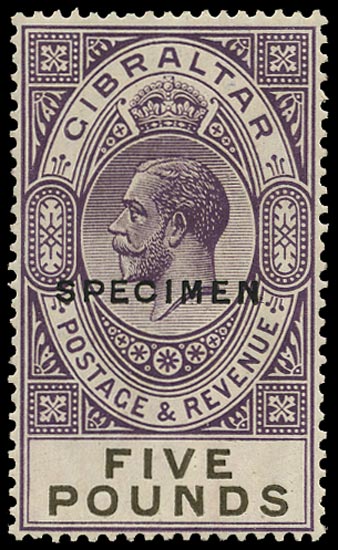 GIBRALTAR 1925  SG108s Specimen £5 violet & black Unmounted