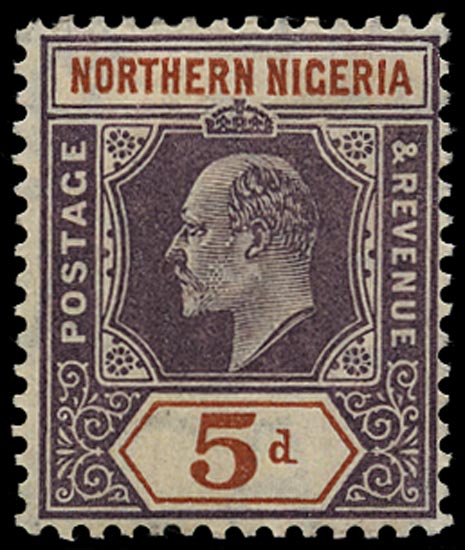 NORTHERN NIGERIA 1905  SG24(a) Mint KEVII 5d dull purple and chestnut variety Damaged frame and crown