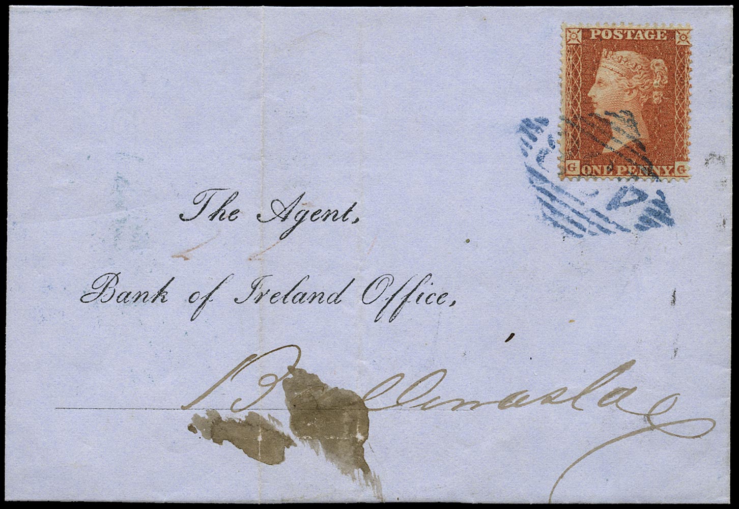 GB 1855  SG21 Pl.5 Cover - blue Tullamore '438' numeral to Ballinasloe