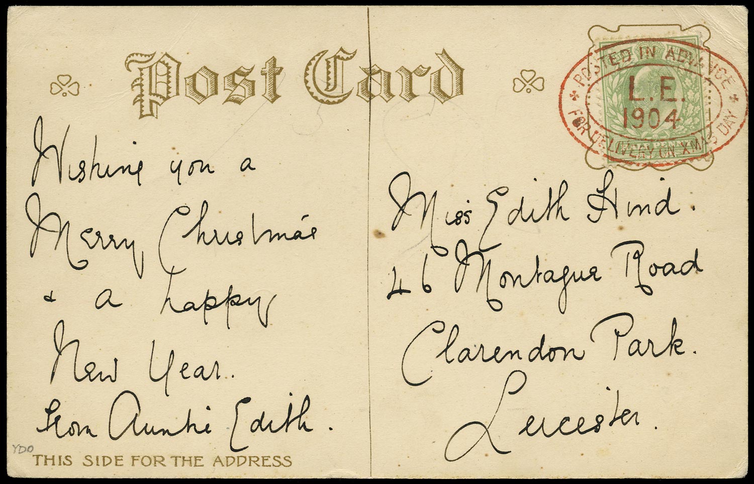 GB 1904  SG218 Cover - Leicester Posted in Advance for Xmas
