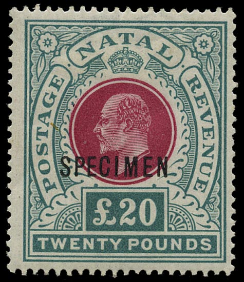 NATAL 1902  SG145bs Specimen KEVII £20 red and green