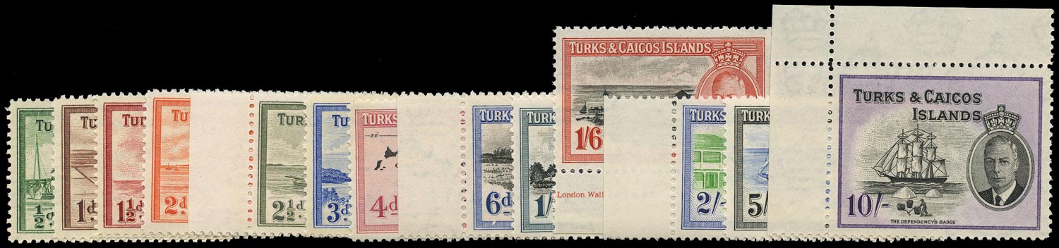 TURKS & CAICOS IS 1950  SG221/233 Mint unmounted set of 13 to 10s