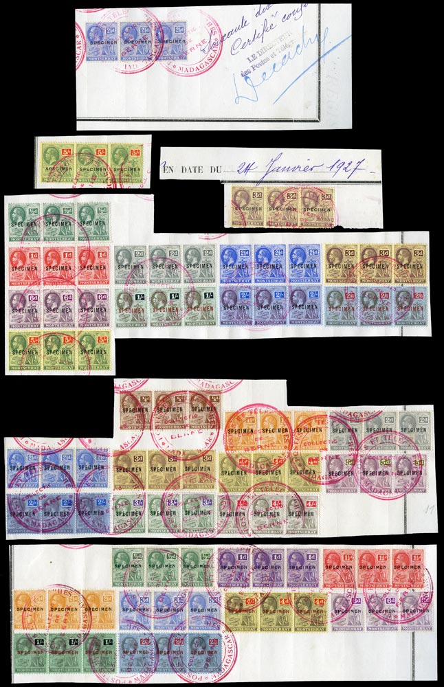 MONTSERRAT 1916  SG49s/59s, 63s/83s Specimen KGV &frac12; to 5s both watermarks from the Madagascar P.O. archive