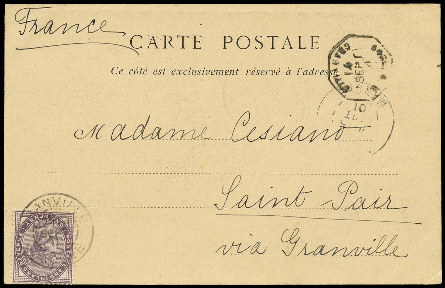 GB 1901  SG172 Cover - Cancelled in Granville, France