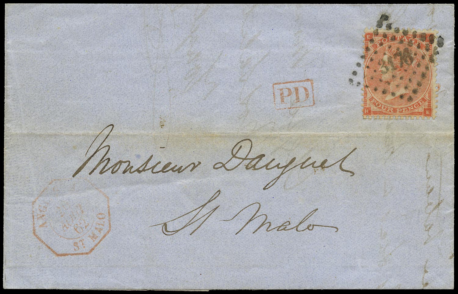 GB 1862  SG79 Pl.3 Cover - Cancelled in St. Malo, France