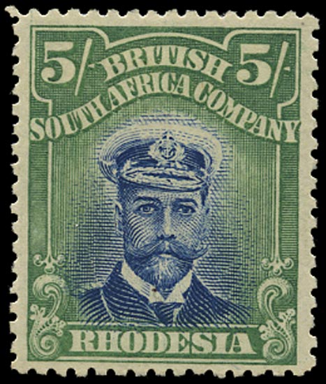 RHODESIA 1913  SG251 Mint Admiral 5s blue and yellow-green die II perf 15