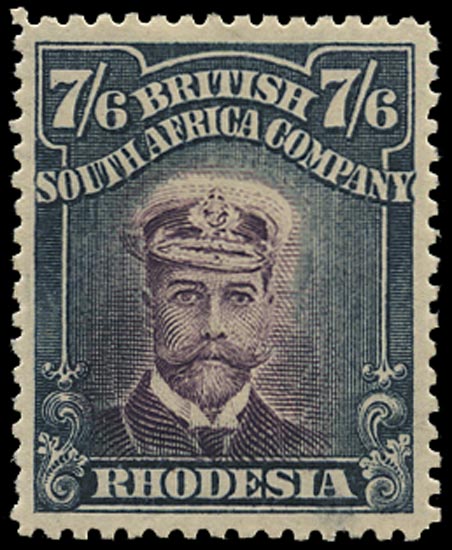 RHODESIA 1913  SG252 Mint Admiral 7s6d blackish purple and slate-black die II perf 15