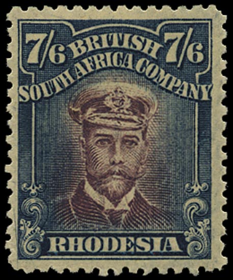 RHODESIA 1913  SG255p Mint Admiral 7s6d maroon and indigo die IIIA perf 14