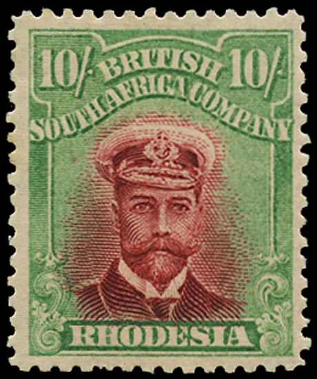 RHODESIA 1913  SG241 Mint Admiral 10s deep rose-red and light green die II perf 14