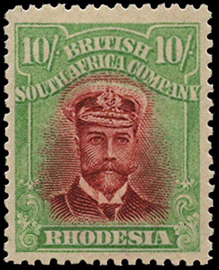 RHODESIA 1913  SG241 Mint Admiral 10s deep rose-red and light green die II perf 14