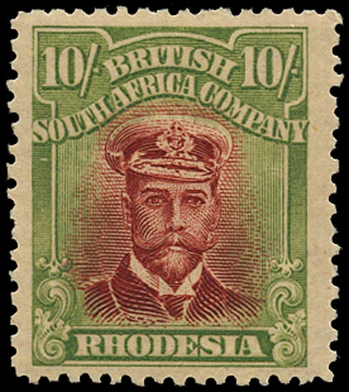 RHODESIA 1913  SG255q Mint Admiral 10s carmine-lake and yellow-green die IIIA perf 14