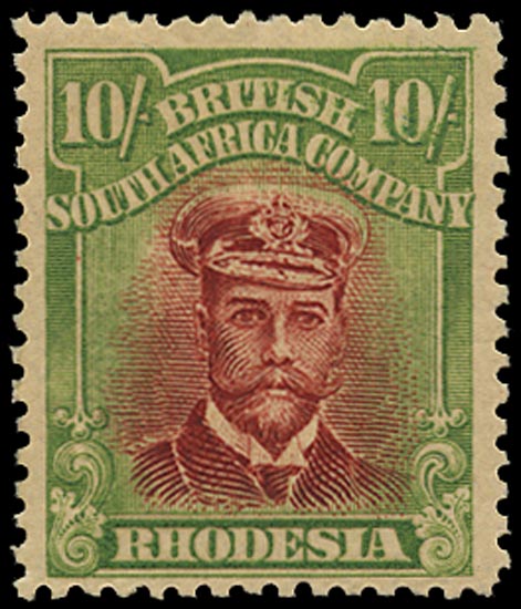 RHODESIA 1913  SG255q Mint Admiral 10s carmine-lake and yellow-green die IIIA perf 14