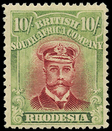 RHODESIA 1922  SG309 Mint Admiral 10s white paper head die IIIB perf 14