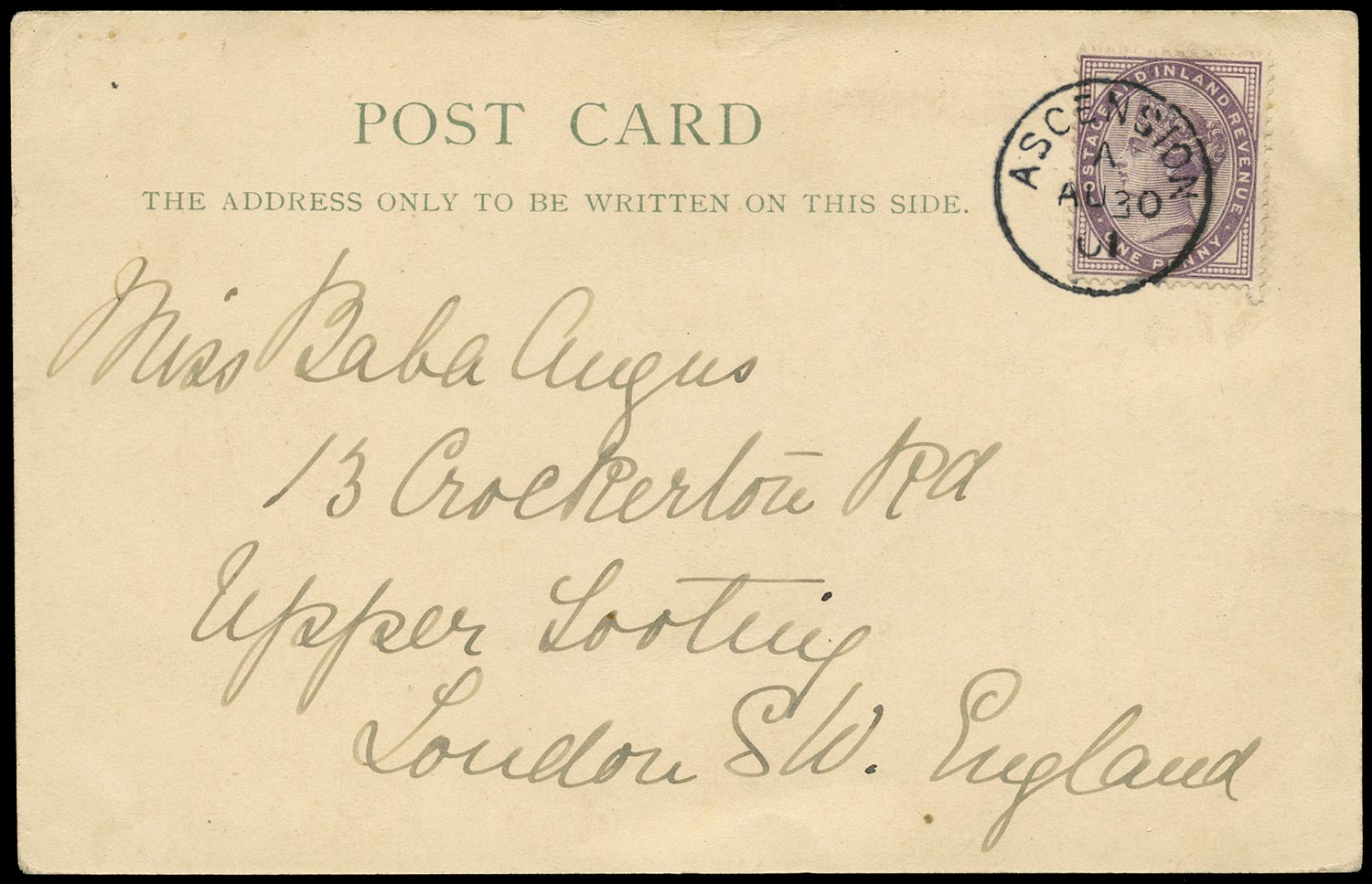 ASCENSION 1901  SGZ7 Cover picture postcard to England with 1d lilac