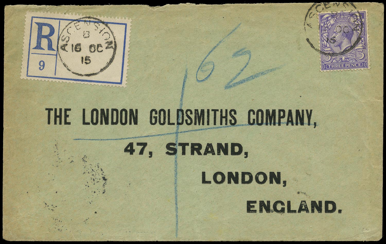 ASCENSION 1915  SGZ44 Cover registered to England with GB 1912-22 3d violet