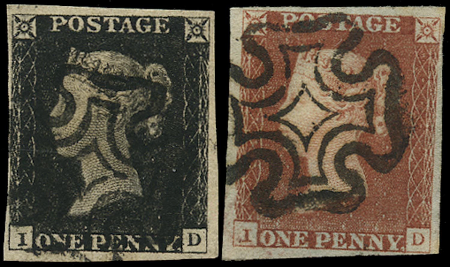GB 1840-41  SG2/7 Pl.1b Penny Black - Non-coincident re-entry matched pair