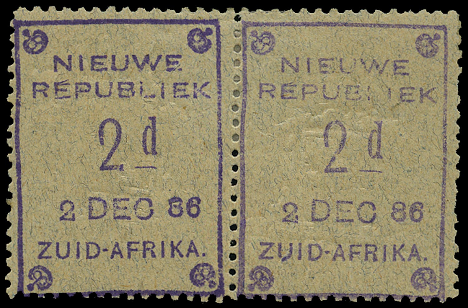 NEW REPUBLIC 1886  SG53b Mint 2D violet on blue granite 2 DEC 86 embossed arms tete-beche
