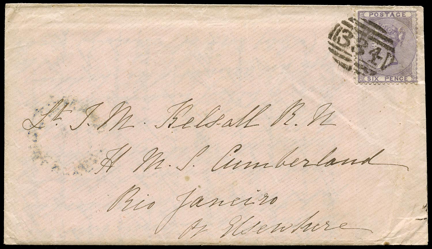 GB 1859  SG70 Cover - to H.M.S. Cumberland, Rio de Janeiro or Elsewhere'