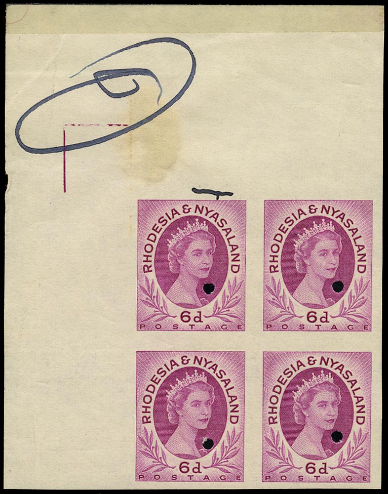 RHODESIA & NYASALAND 1954  SG7 Proof of QEII 6d bright reddish purple imperforate