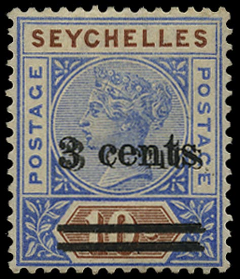 SEYCHELLES 1901  SG37a Mint 3c on 10c bright ultramarine and brown error Surcharge Double