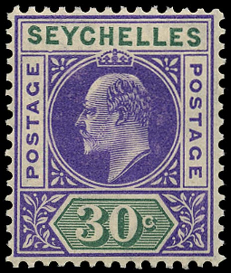 SEYCHELLES 1906  SG66a Mint KEVII 30c violet and dull green watermark MCA variety Dented frame