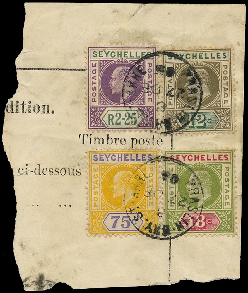 SEYCHELLES 1905  SG49, 51, 54, 56 Cancel of Praslin-Bay St Anne with KEVII 12c, 18c, 75c, 2r25