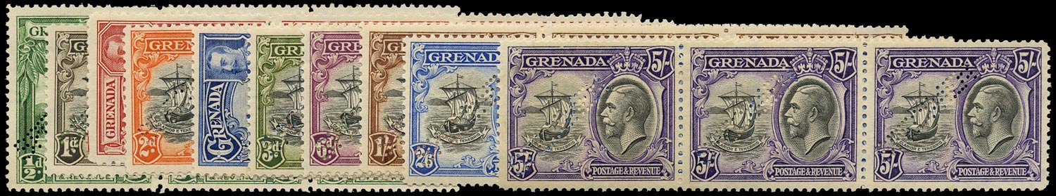 GRENADA 1934  SG135s/44s Specimen KGV Pictorial set of 10 to 5s perf 12&frac12; strips of 3