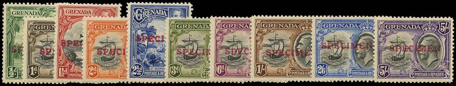 GRENADA 1934  SG135/44 Specimen KGV pictorial set of 10 to 5s with local type GR6 overprint