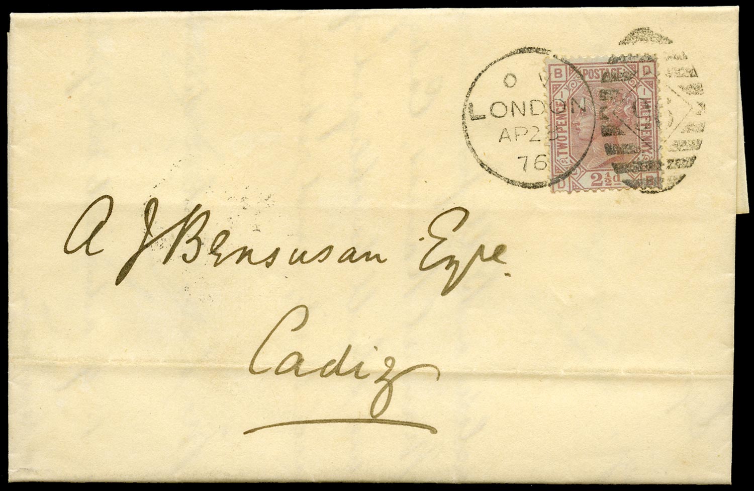 GB 1876  SG138 Pl.1 Cover - London to Cadiz, Spain