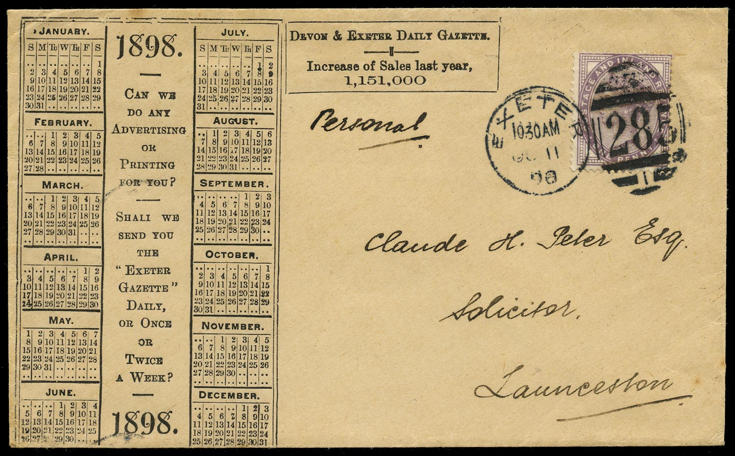 GB 1898  SG172 Cover -  illustrated envelope for "Devon and Exeter Daily Gazette"